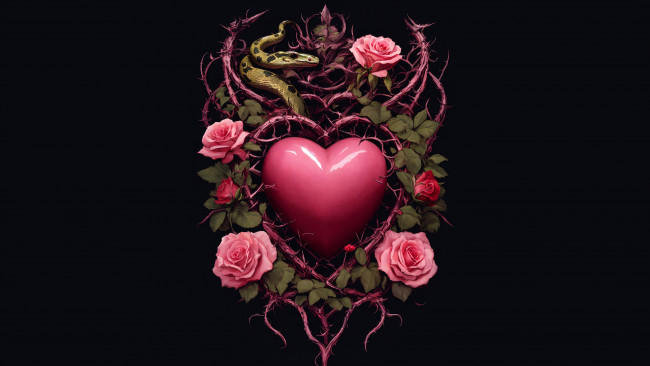 Обои картинки фото праздничные, день святого валентина,  сердечки,  любовь, темный, фон, сердце, розы, змея, шипы, черный, день, святого, валентина, ии-арт, нейросеть
