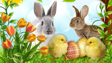 Картинка разное компьютерный дизайн яйца кролики цыплята тюльпаны