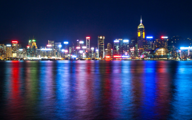 Обои картинки фото города, гонконг, китай, море, город, огни, ночь, отражение