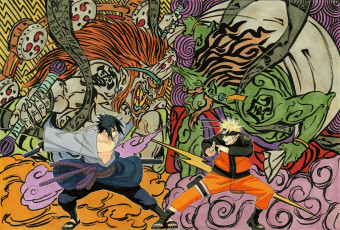 Картинка аниме naruto наруто саске монстры рисунки бой печать катана молния