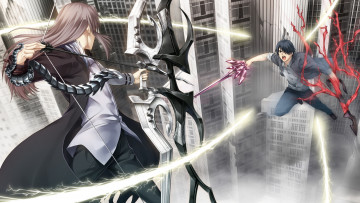 Картинка аниме -weapon +blood+&+technology в небе город битва парень оружие меч лук
