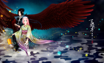 Картинка аниме naruto наруто ангел крылья саске сакура парень учиха девушка харуно фонарик дым маска юката иероглифы