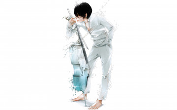 Картинка аниме -headphones+&+instrumental белый фон осколки парень виолончель брюнет музыкальный инструмент цепь