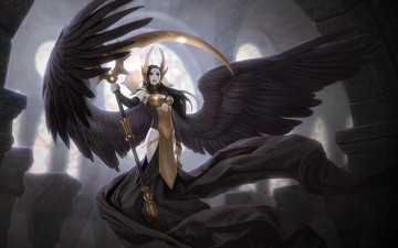 Картинка фэнтези демоны коса девушка ангел крылья доспехи витражи