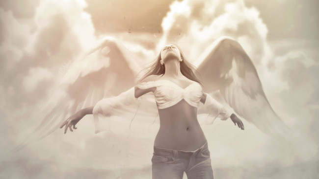 Обои картинки фото фэнтези, ангелы, джинсы, ангел, облака, крылья, девушка