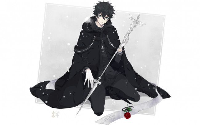 Обои картинки фото аниме, -weapon,  blood & technology, оружие, снег, пар, роза, крест, парень