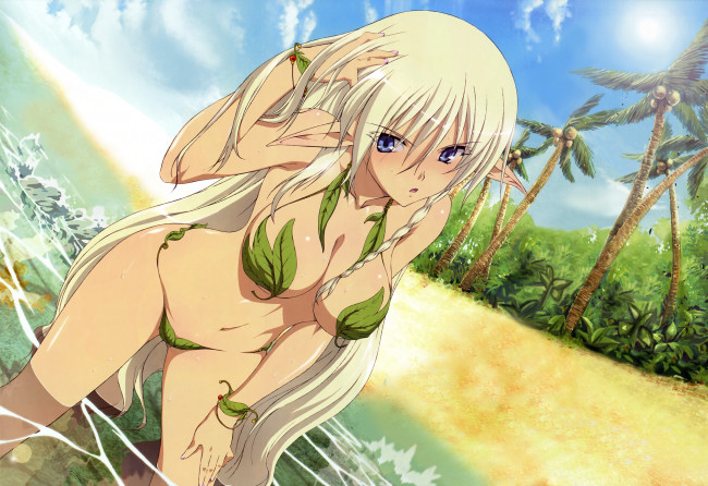 Обои картинки фото аниме, queen`s blade, море, эльф, уши, девушка, солнце, пальмы, листья, купальник, пляж