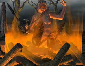 Картинка 3д+графика фантазия+ fantasy девушка взгляд фон огонь драконы