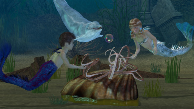 Обои картинки фото 3д графика, существа , creatures, девушки, взгляд, фон, русалки, осьминог, дельфин, море, водоросли