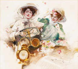 Картинка рисованное люди дамы руль шляпы цветы ретро