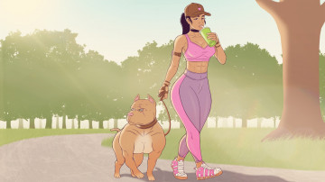 Картинка рисованное люди девушка взгляд фон собака