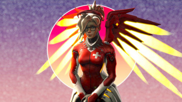 Картинка видео+игры overwatch девушка фон взгляд униформа крылья
