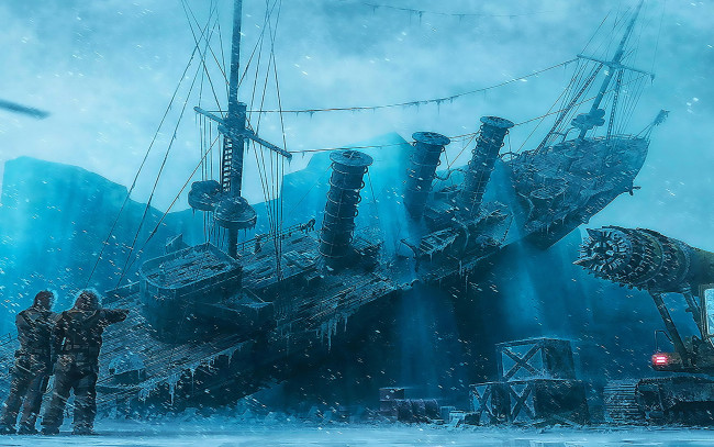 Обои картинки фото фэнтези, корабли, корабль, снег, лед, люди, ящики, оборудование