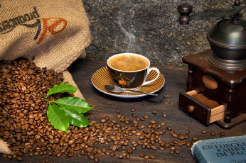 Картинка еда кофе +кофейные+зёрна мешок кофемолка зерна кофейные чашка