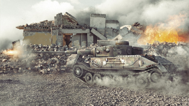 Обои картинки фото world, of, tanks, видео, игры, мир, танков, дым, огонь, танк, атака, пыль, хата, разруха