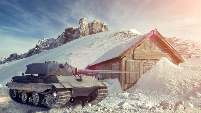 Обои картинки фото world, of, tanks, видео, игры, мир, танков, горы, танки, позиция, зима, сарай, снег