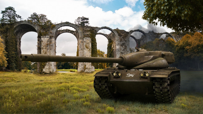 Обои картинки фото world, of, tanks, видео, игры, мир, танков, каменный, мост, танк, поле, деревья