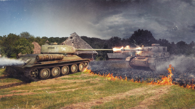 Обои картинки фото world, of, tanks, видео, игры, мир, танков, поле, трава, пламя, хата, танки, дуэль