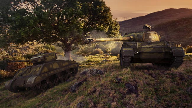 Обои картинки фото world, of, tanks, видео, игры, мир, танков, танки, маневр, деревья, поле, овраг