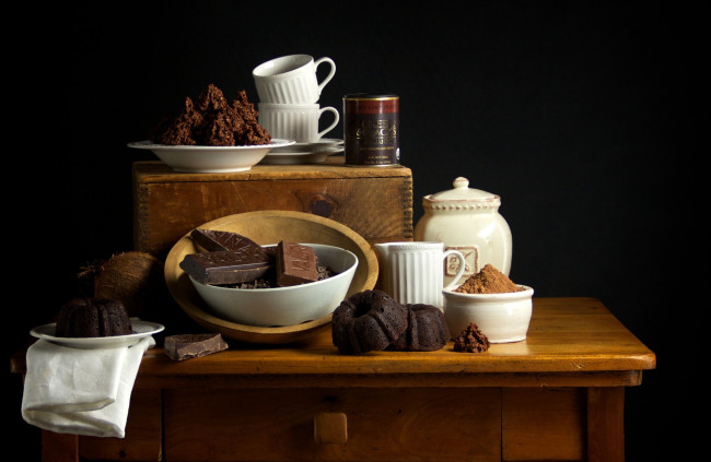 Обои картинки фото еда, натюрморт, кексы, шоколад, какао