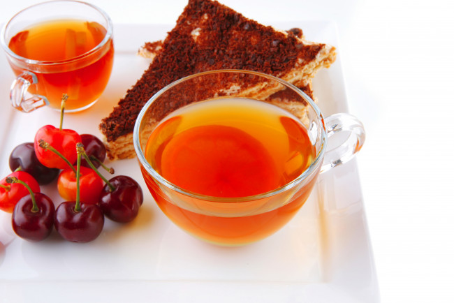 Обои картинки фото еда, напитки, Чай, вишня, ягоды, торт, чай