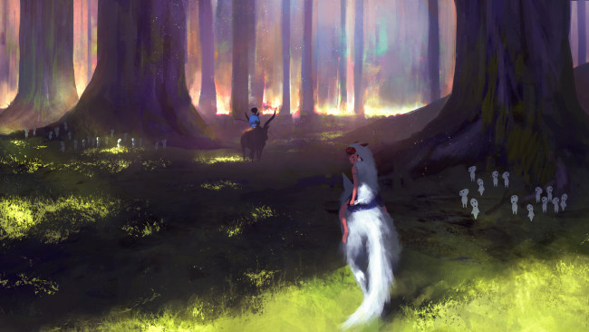 Обои картинки фото аниме, mononoke, арт, принцесса, мононоке, лес, волк, нож, свечение