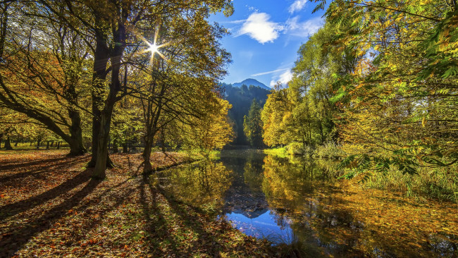 Обои картинки фото природа, реки, озера, солнце, облака, листва, небо, свет, вода, река, лес, горы, осень