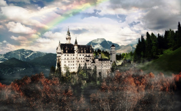 обоя города, замок нойшванштайн , германия, дворец, замок, туман, радуга, тучи, горы, осень, деревья, лес
