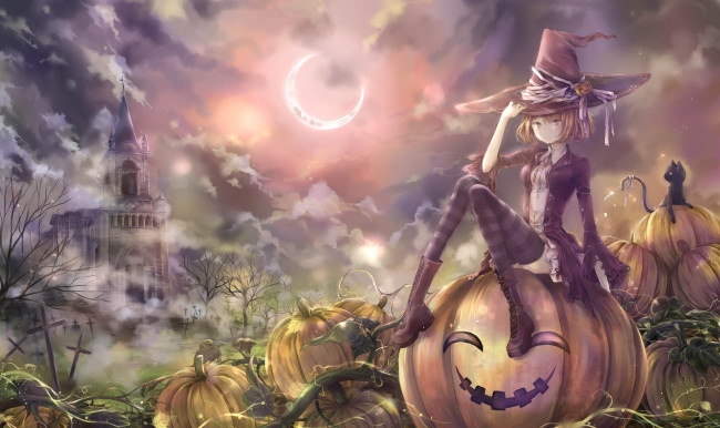 Обои картинки фото аниме, магия,  колдовство,  halloween, тыква, девушка, арт, луна, ночь