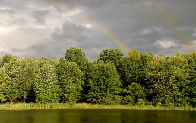 Обои картинки фото природа, радуга, река, берег, деревья, дождь, тучи