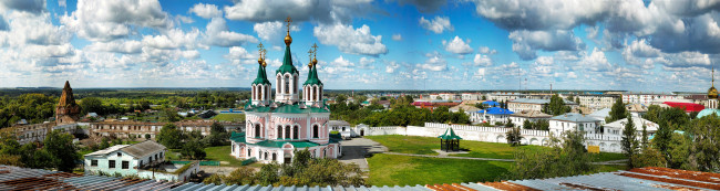 Обои картинки фото города, - православные церкви,  монастыри, двор, монастырь, россия, небо, далматовский, успенский, церковь, панорама, далматово, облака