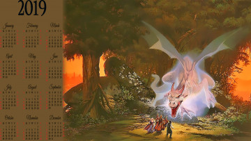 Картинка календари фэнтези дерево люди дракон растение