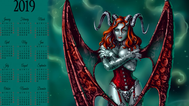 Обои картинки фото календари, фэнтези, демон, девушка, крылья, рога