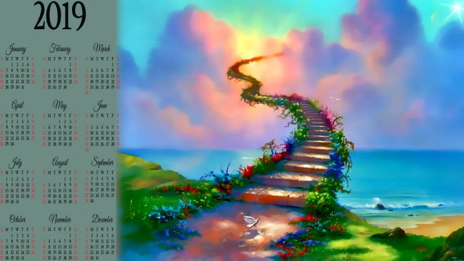 Обои картинки фото календари, фэнтези, водоем, цветы, ступени