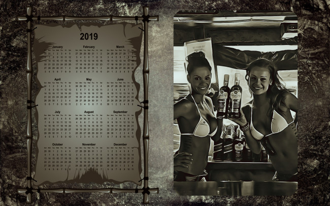 Обои картинки фото календари, компьютерный дизайн, двое, девушка, бутылка, улыбка