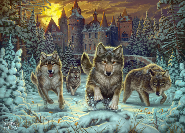 Обои картинки фото рисованное, животные,  волки, волки