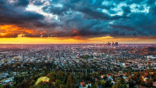 Обои картинки фото города, лос-анджелес , сша, город, панорама, тучи, закат