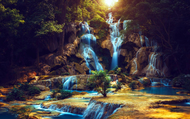 Обои картинки фото kuang si waterfalls, laos, природа, водопады, kuang, si, waterfalls