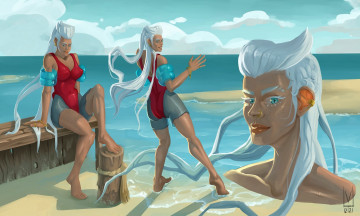 Картинка рисованное люди девушка море берег купальник нарукавники