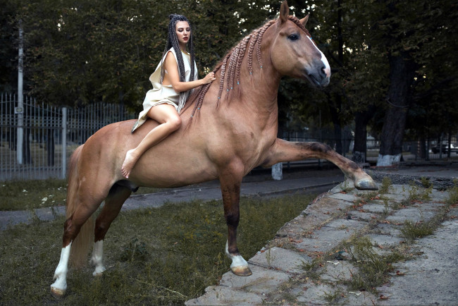 Обои картинки фото девушки, - брюнетки,  шатенки, лошадь, брюнетка, наездница, дреды