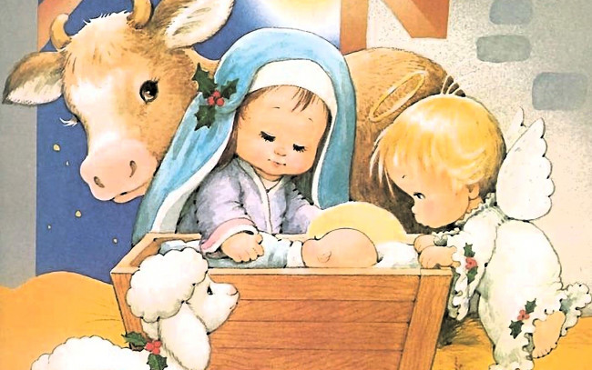 Обои картинки фото рисованное, религия, младенец, ангел, ягненок, корова