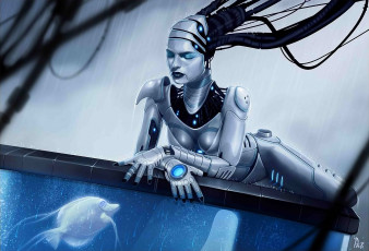 Картинка фэнтези роботы киборги механизмы рыбка аквариум андроид