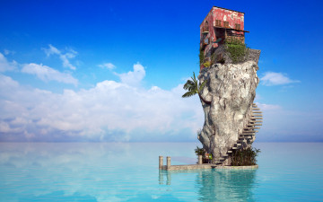 Картинка 3д графика nature landscape природа скала дом пальмы облака океан лестница вода