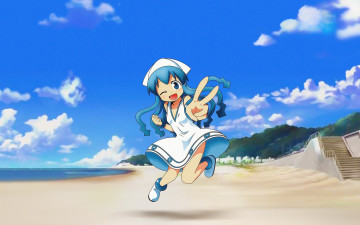 обоя аниме, shinryaku, ika, musume, лесница, облака, девушка, песок, пляж