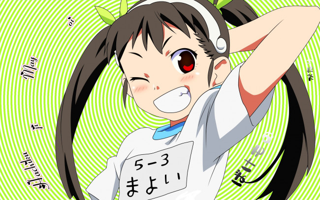 Обои картинки фото аниме, bakemonogatari, hachikuji mayoi, девушка, форма, бант, надпись