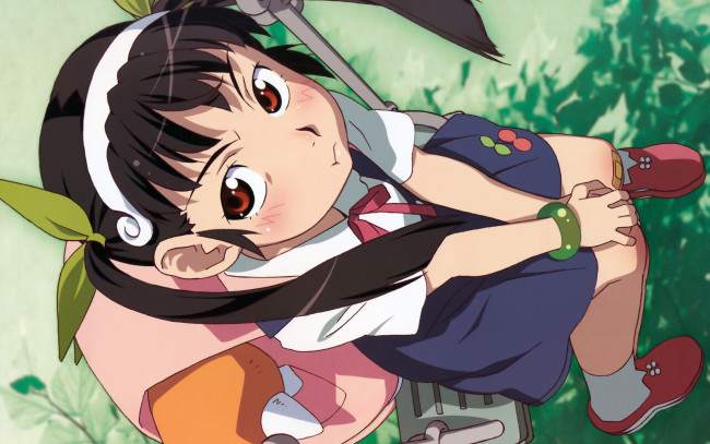 Обои картинки фото аниме, bakemonogatari, hachikuji mayoi, девушка, форма, портфель, бант, качели, трава