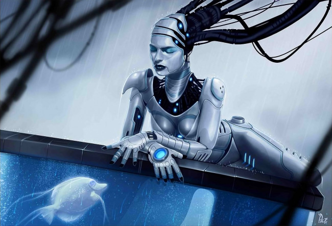 Обои картинки фото фэнтези, роботы, киборги, механизмы, рыбка, аквариум, андроид