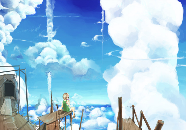 Обои картинки фото аниме, *unknown, другое, голубое, небо, девушка