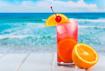 обоя еда, напитки,  коктейль, вишня, цитрус, лед, коктейль, апельсин, море, лето, фон, напиток