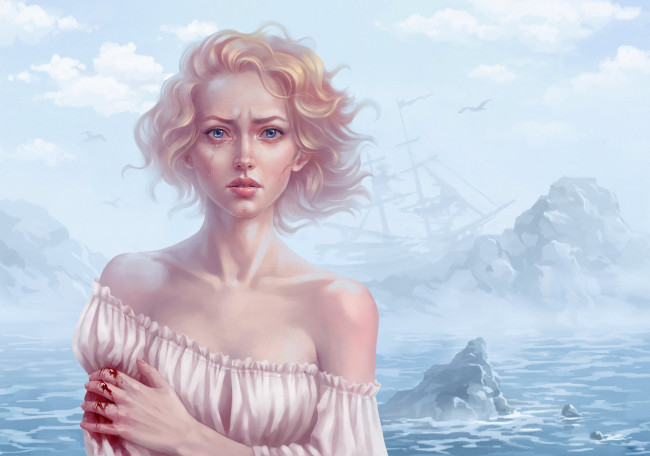 Обои картинки фото рисованные, люди, чайки, корабль, облака, кровь, слёзы, ветер, море, девушка, блондинка